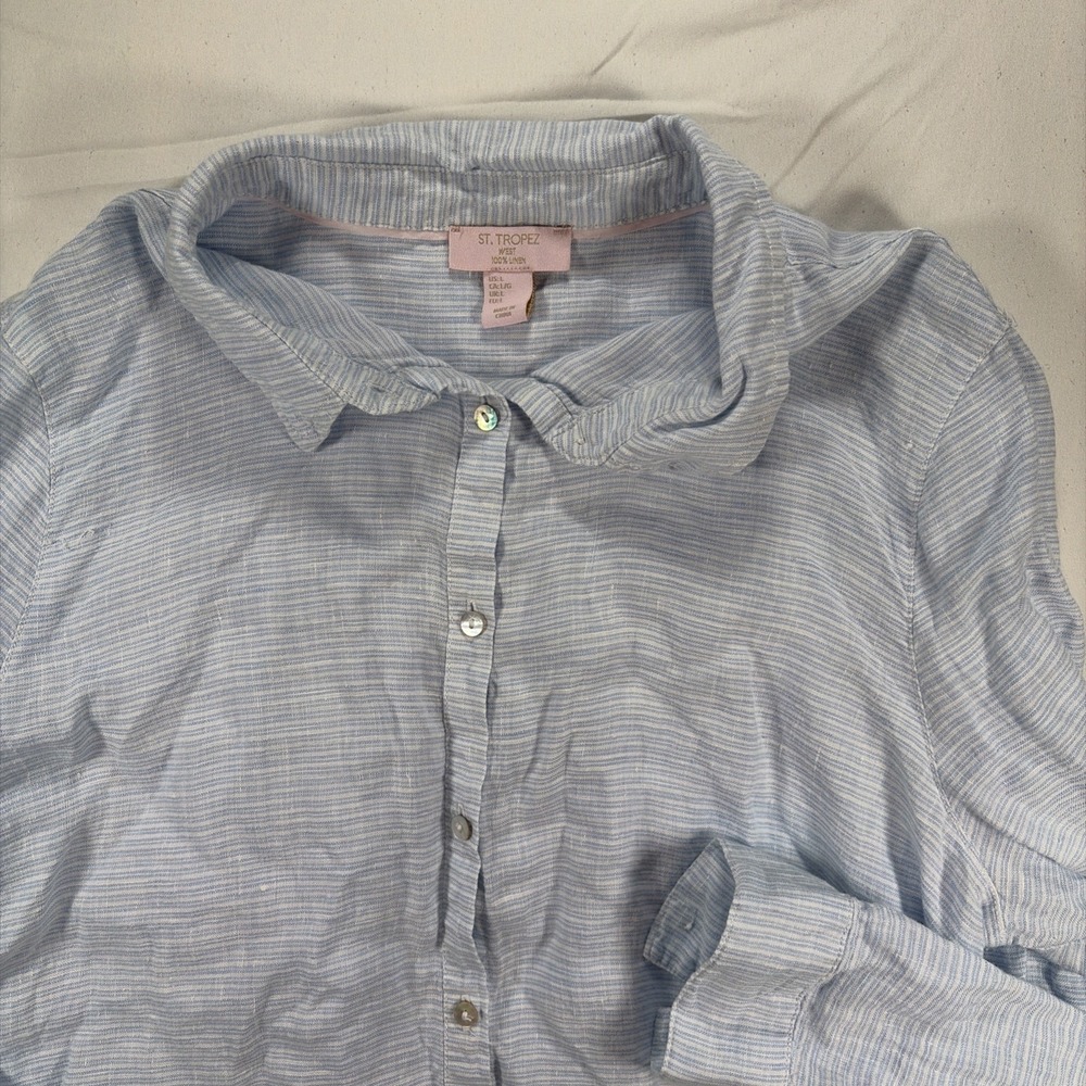 St. Tropez Size Large Striped Blue 100% Linen Roll Tab Sleeve Button Shirt Read